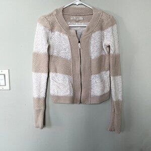 LOFT beige white knit full zip jacket sweater vintage style cotton linen size XS